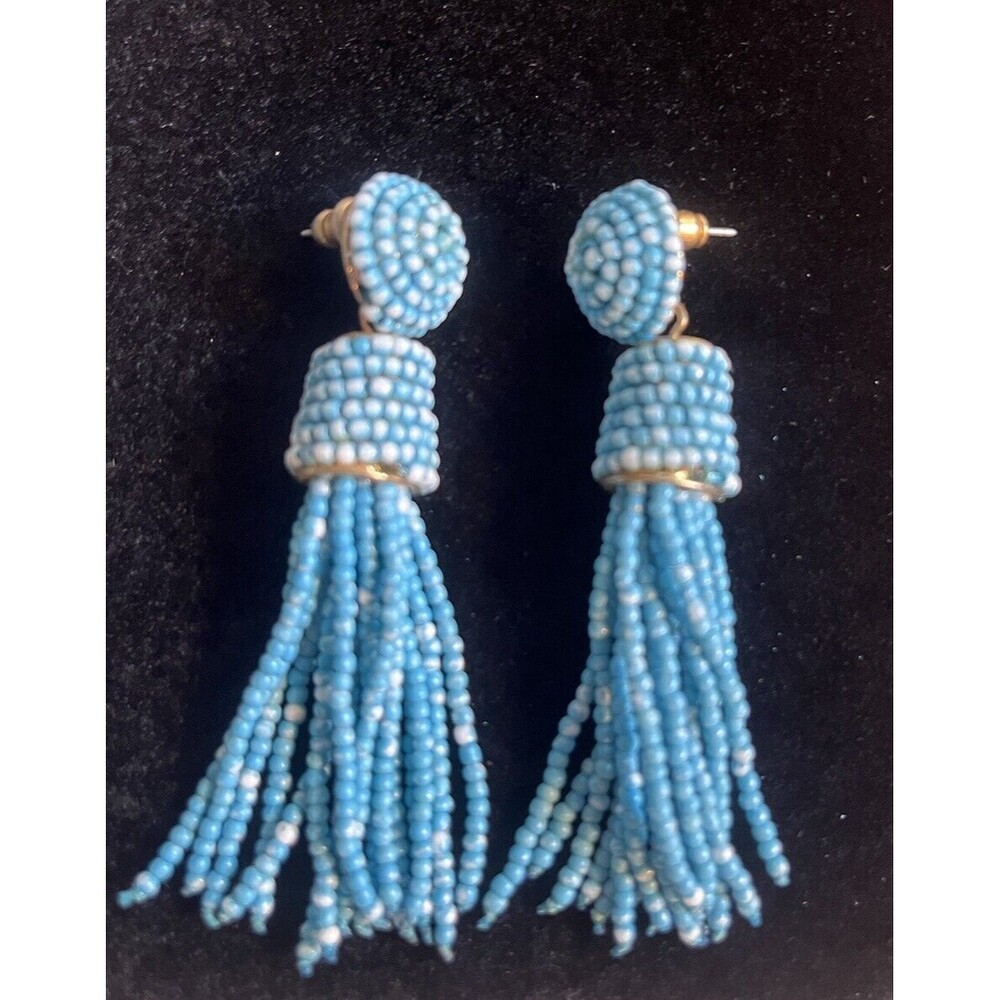 Long Blue Beaded Dangle Tassel Stud Earrings Gold Tone 3"